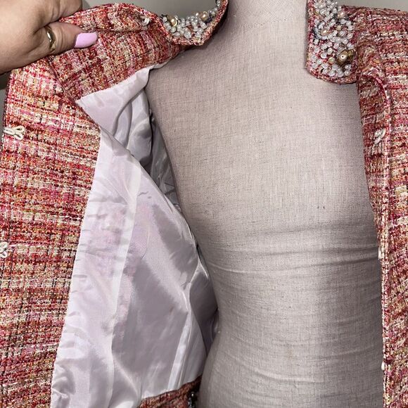 Chico's Orange Embellished Collar AND Cuffs Tweed Jacket Women's Size 1 EUC - Picture 4 of 11
